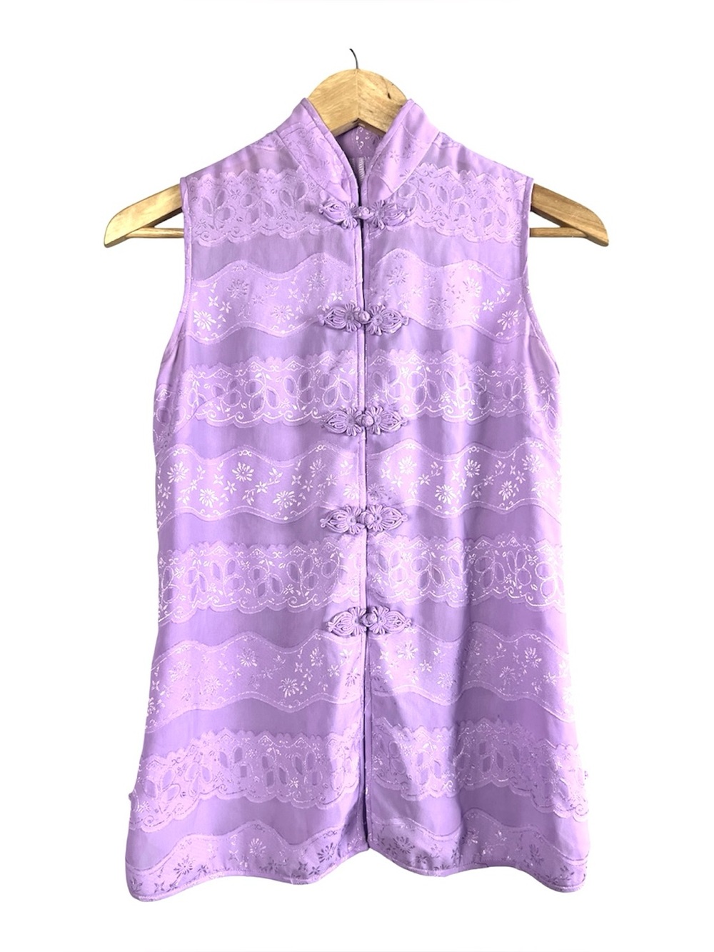 Lavender Cheongsam Qipao Blouse Chiffon Lace Frog Closures Sleeveless Size S